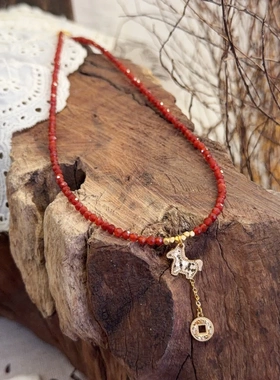 新中式国风项链红玛瑙925银小马吊坠项链新年款