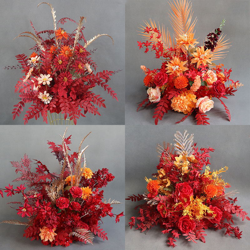 t台婚庆秋色路引红色盆花花球婚礼花艺装饰花点桌花舞台背景布置