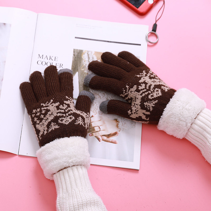 秋冬双层加绒加厚卡通女五指骑行开车触屏男士针织情侣日韩手套新
