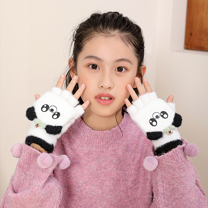 儿童手套秋冬男女童加厚保暖翻盖五指可爱小孩写字半指毛线手指套