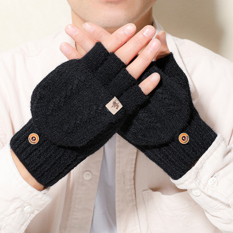 手套男冬天半指情侣学生写字露指韩版秋冬季针织毛线翻盖骑行保暖