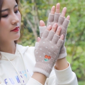 樱桃手套冬季 女加绒防寒保暖可爱学生半指露指针织毛线手套冬天潮