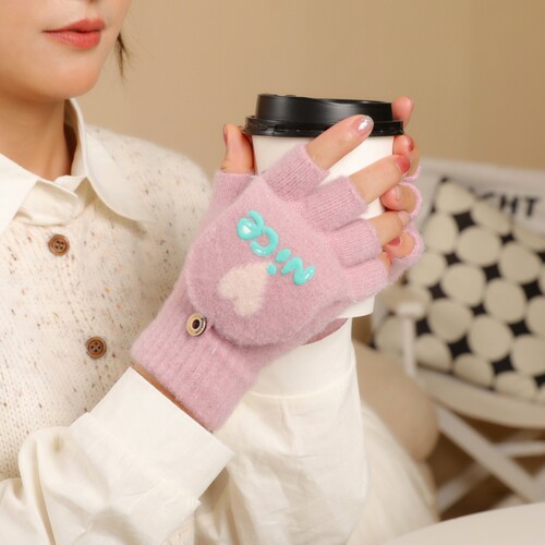 女针织半指翻盖保暖手套