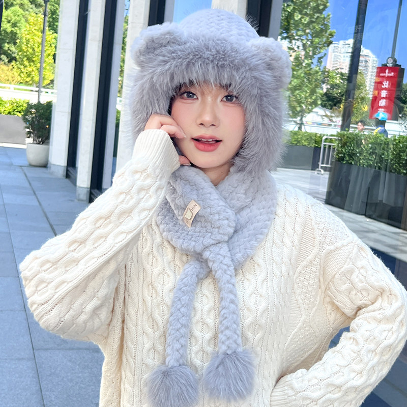 小熊帽子秋冬女围帽一体冬季围脖可爱保暖毛绒冬天手套三件套学生
