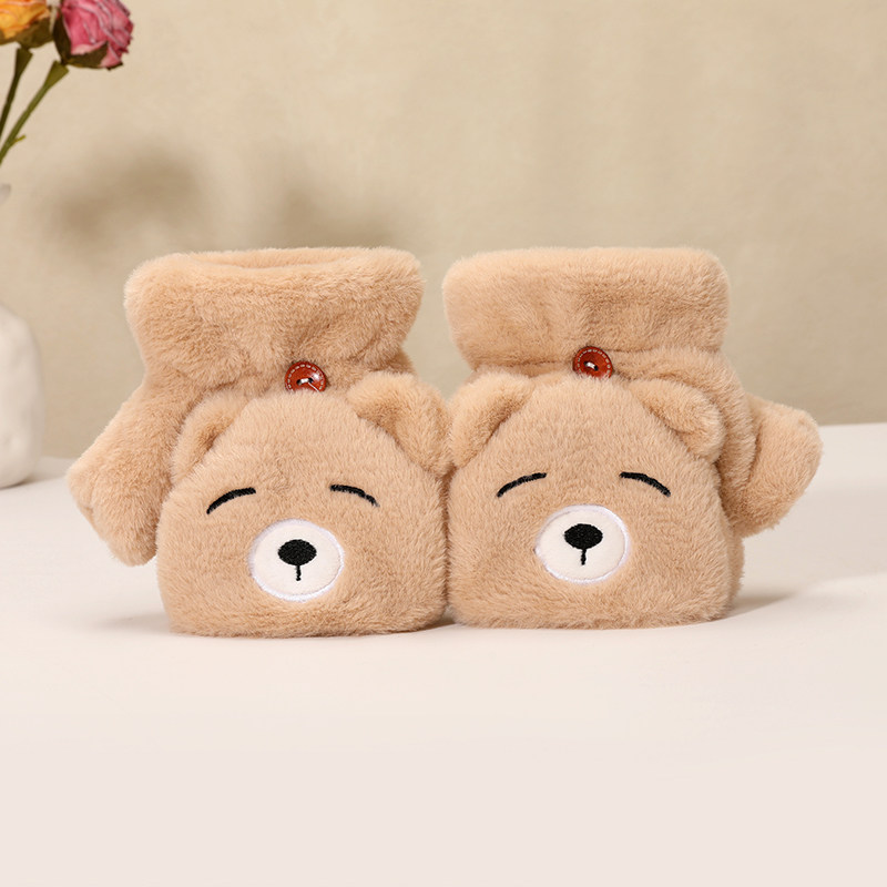 女冬可爱眯眼小熊棉毛绒保暖防寒学生韩版加绒送女友翻盖半指手套