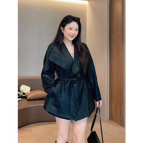 复古潮流廓型收腰短款皮衣外套