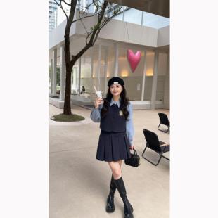 大萌萌微胖定制 25秋冬学院风减龄毛呢假两件上衣百褶裙显瘦套装