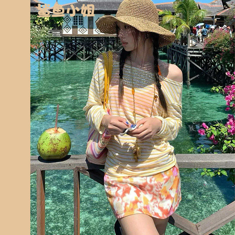 多巴胺甜美少女短裙比基尼四件套小胸分体长袖罩衫海边度假风泳衣