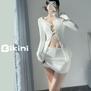 鲨鱼小姐白色纯欲比基尼泳衣女分体长袖罩衫2024新款海边温泉