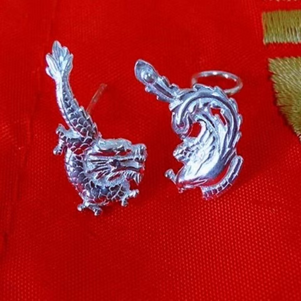 龙凤耳钉，足银，纯银，
