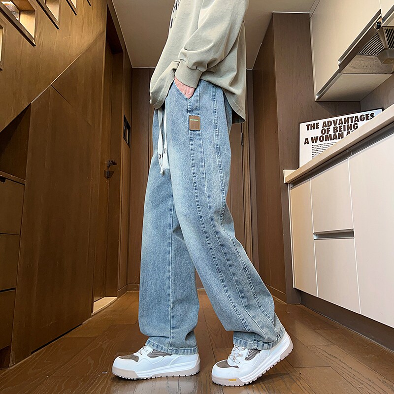 青少年牛仔裤男款春秋四季款初中高中学生休闲大童男裤阔腿长裤子