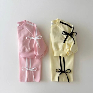 新品上新▲韩国童装女童春季新款蝴蝶结纯棉卫衣卫裤套装