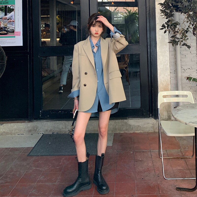西装外套女秋冬2021新款韩版卡其色加厚宽松中长款网红小西服黑色
