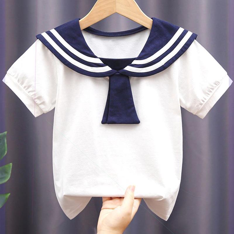 海魂衫水手服女童短袖T恤蕾丝衫翻领带纯棉上衣体恤打底衫夏装潮