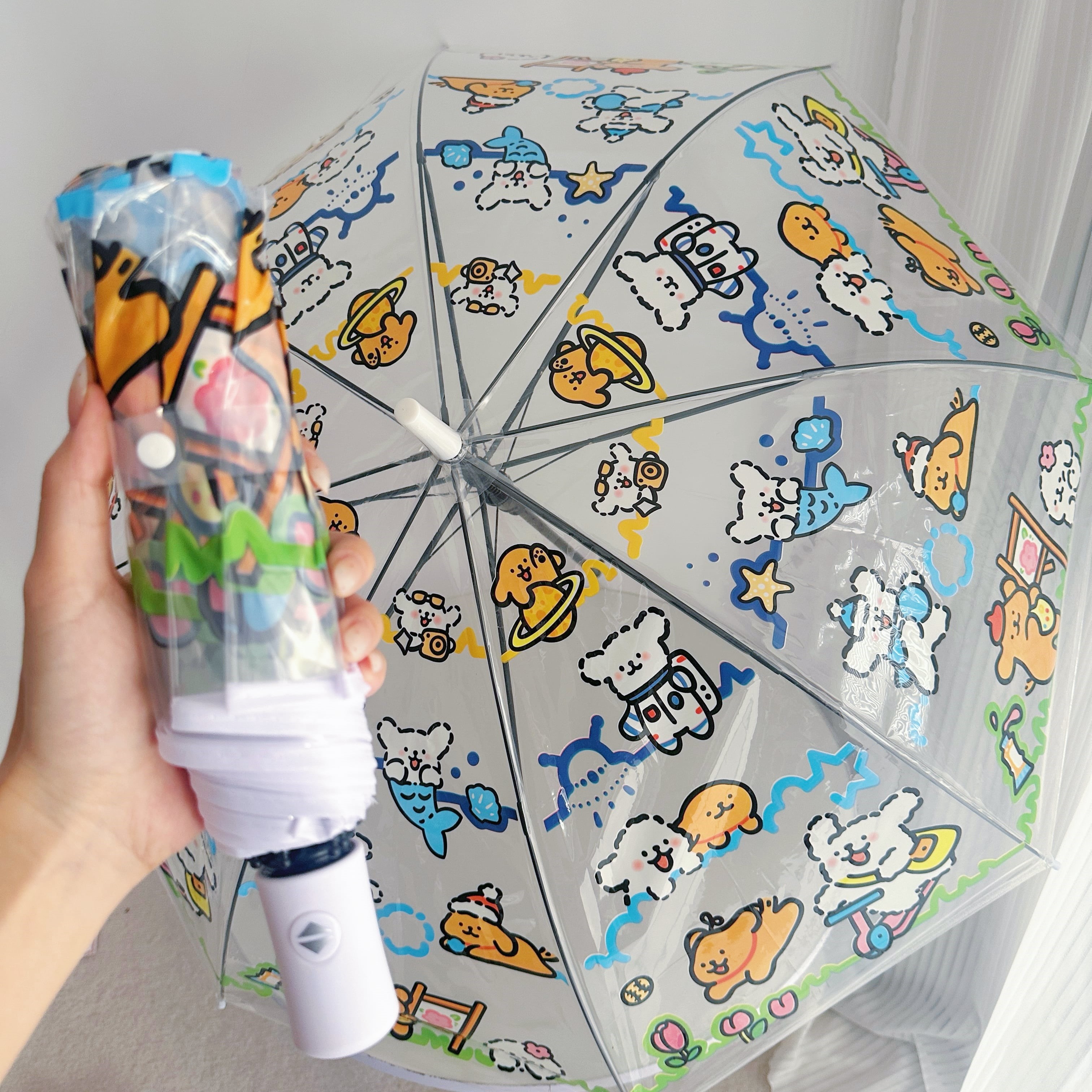 线条小狗透明雨伞A可爱卡通折叠全自动ins风学生加厚长柄伞