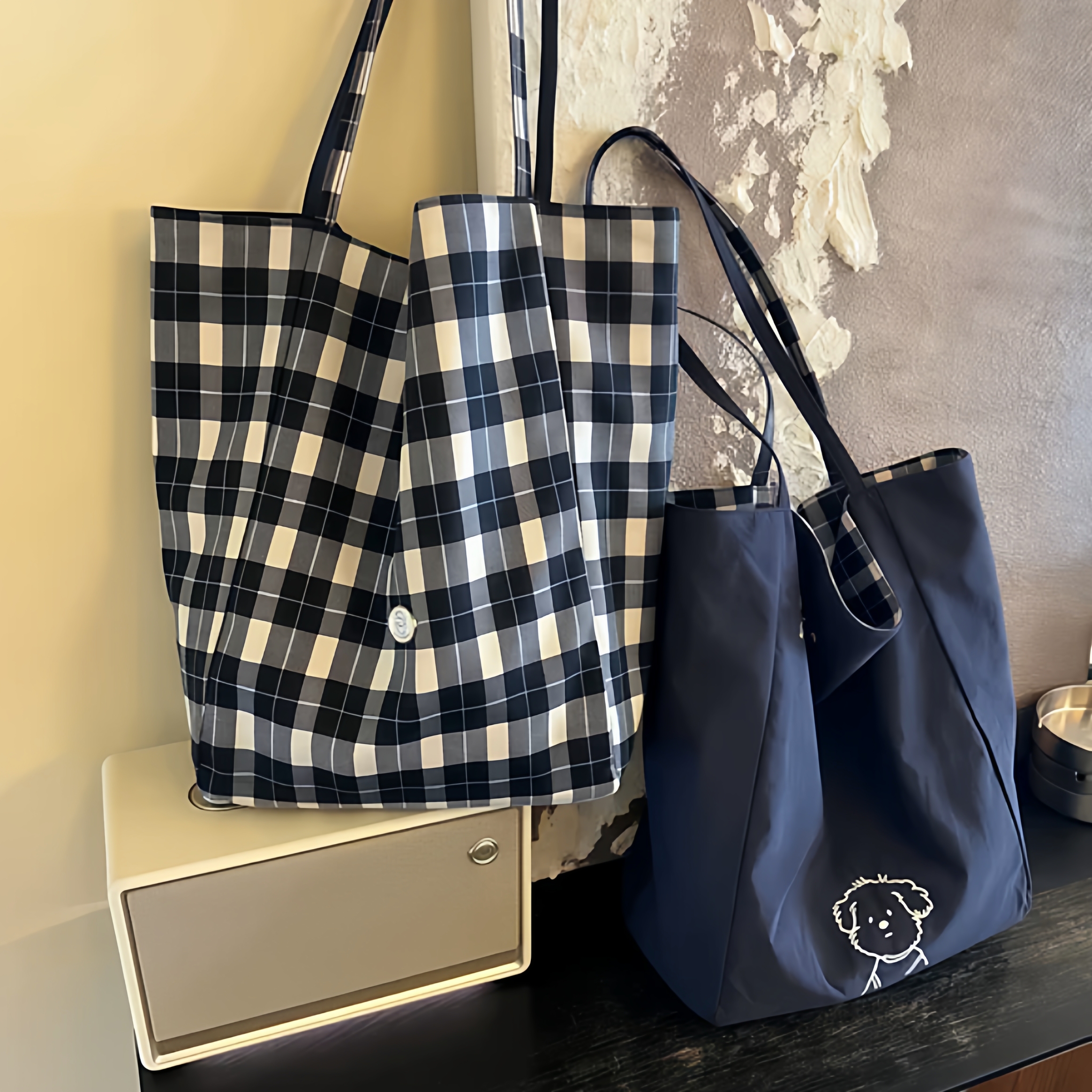 【出门包包好物】日系潦草小狗双面帆布包大容量格子包百搭单肩包