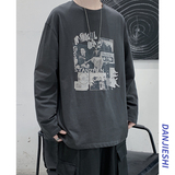 印花长袖t恤男潮牌宽松圆领上衣纯棉内搭打底衫春秋衣服DF282TP25，男装T恤，电商A102-1