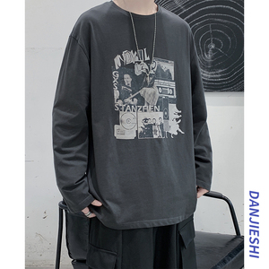 印花长袖t恤男潮牌宽松圆领上衣纯棉内搭打底衫春秋衣服DF282TP25图片