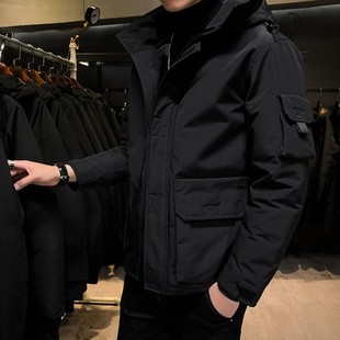 冬季连帽羽绒服男士轻薄短款加厚白鸭绒高端韩版潮流黑色棉服外套