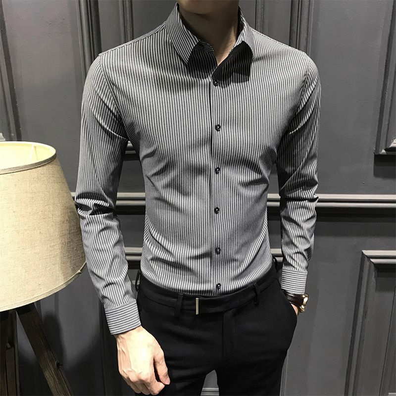 轻奢时尚高级条纹衬衫男士秋季新款长袖翻领商务修身西装内搭衬衣