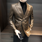 外套男士 时尚 秋季 痞帅双扣商务休闲 潮流单 新款 轻奢覆古风皮西装