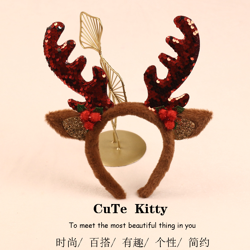 新款亮片鹿角发箍创意森女系圣诞麋鹿角发卡节日聚会派对装扮头饰