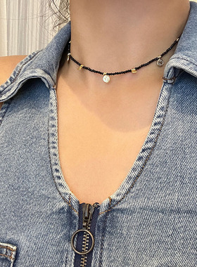 欧美小众精致手工黑色串珠复古金币简约气质细项链锁骨链choker女