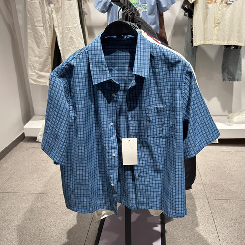 夏季男棉质boxyfit格子短袖衬衫