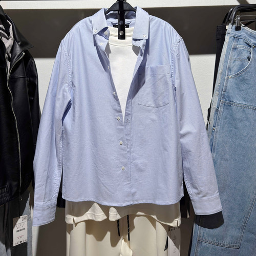 ZA春秋男装翻领长袖棉质牛津衬衫