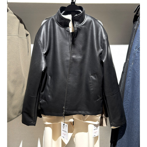 ZA男装立领春季仿皮短款皮衣外套