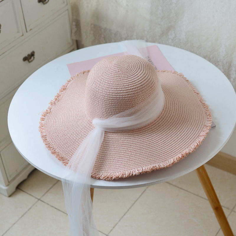法式复古绑带蝴蝶结草帽流苏文艺写真大檐遮阳沙滩海边粉色女帽子