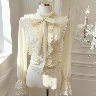 公主家6943衬衫长袖法式蕾丝荷叶边女衫秋季拼接设计感法式衬衣