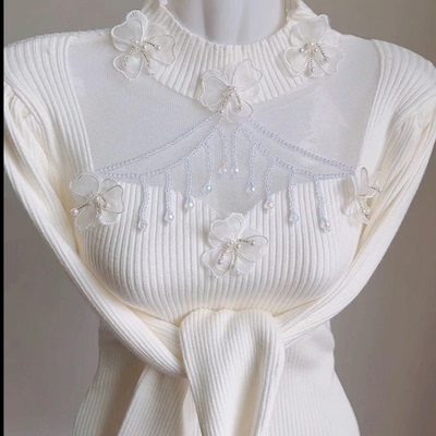 公主家9912打底秋冬长袖白色毛衣常规修身针织性感镂空针织衫