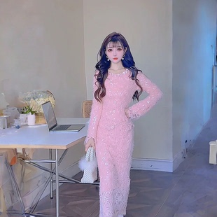 包臀裙套装 法式 轻奢风时尚 长款 重工 套装 公主家2558毛织珠片修身