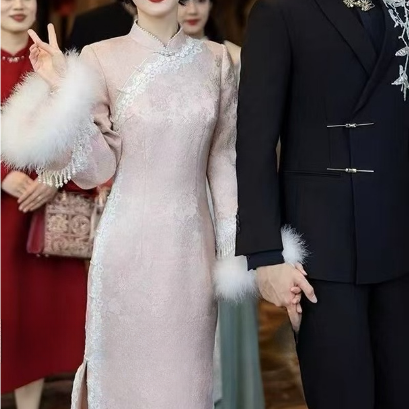 （里）8631立领加绒连衣裙修身中长裙气质显瘦收腰仙女旗袍长裙