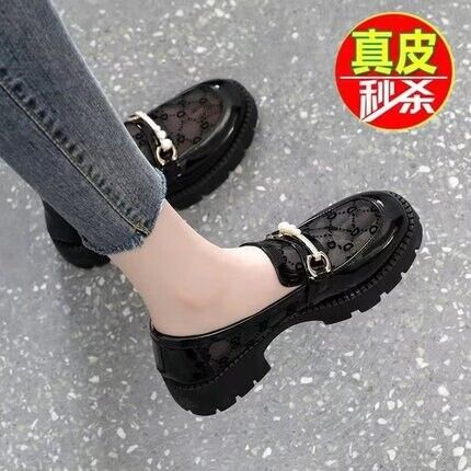 断码真皮网纱凉鞋女粗跟2025春夏新款透气单鞋厚底乐福鞋子