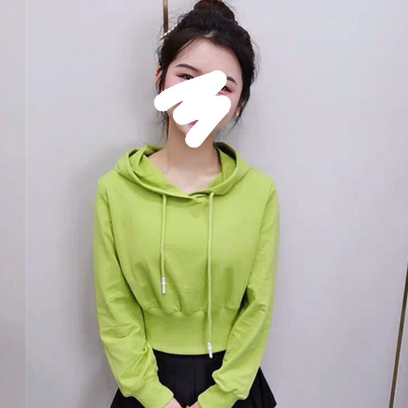2020新款秋冬装牛油果绿连帽卫衣女短款收腰韩版长袖上衣外套潮