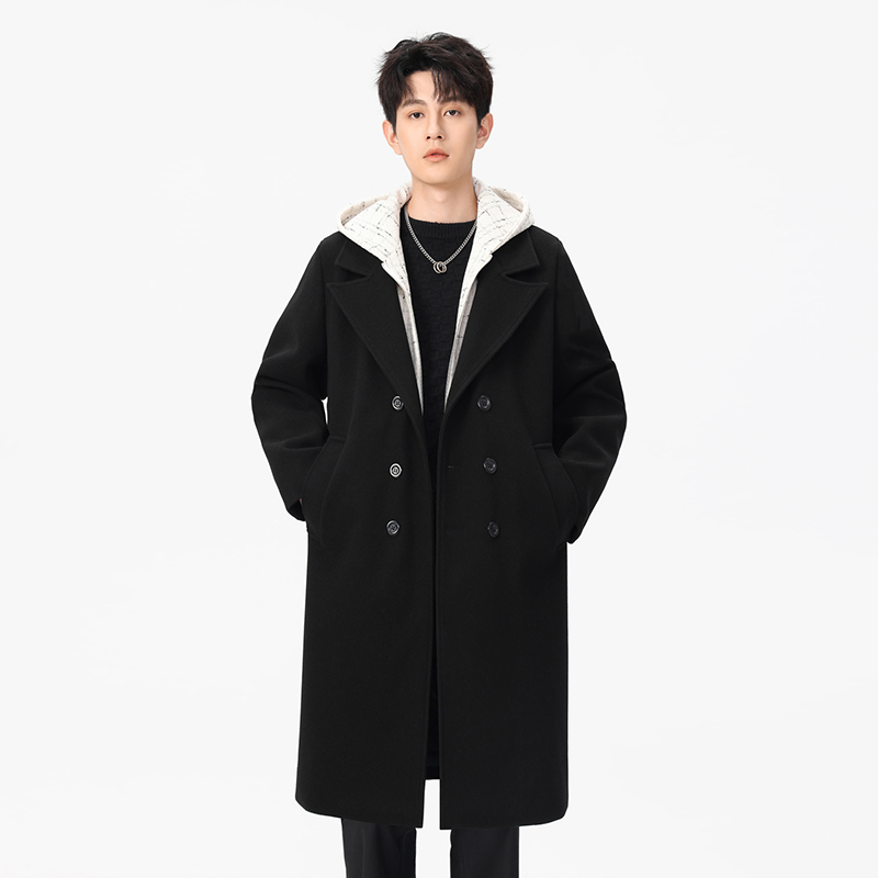 中长款毛呢大衣男外套秋冬款风衣假两件外衣连帽妮子带帽夹克褂子
