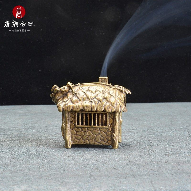 纯铜香炉茅草屋香熏炉古典意境檀香小炉创意桌面摆件古典小香炉