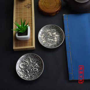 覆古小银碟子杯垫浮雕生肖沙漠玫瑰纹中式古典茶碟银碟摆件镶嵌银