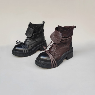 25秋季新款高级感绑带真皮复古时尚休闲马丁靴增高擦色百搭机车靴