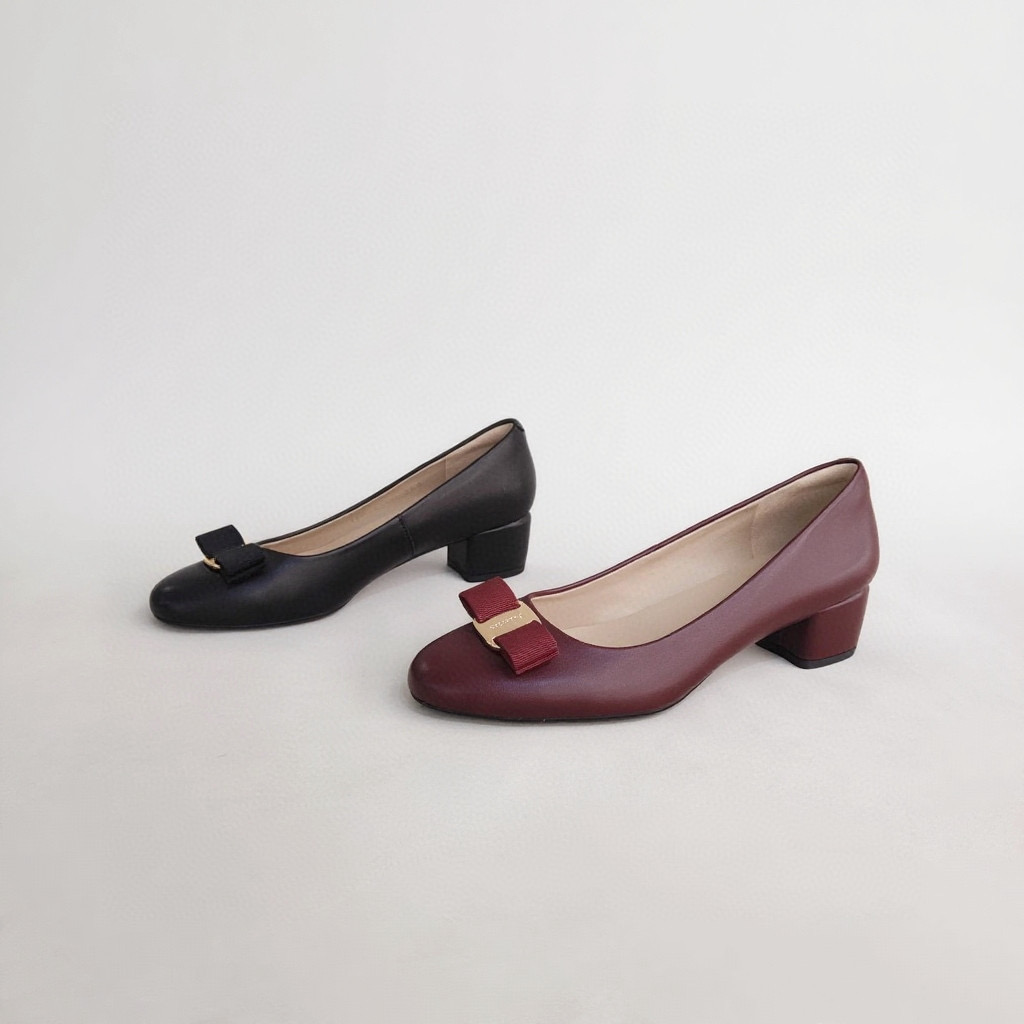 4CM百搭圆头蝴蝶结漆皮粗跟女鞋