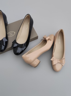 FEDERICA DI DONATO2025新款圆头蝴蝶结高跟鞋女浅口漆皮粗跟单鞋