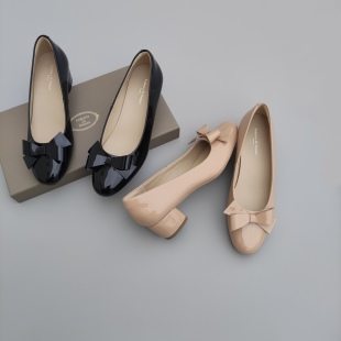 FEDERICA DI DONATO2025新款圆头蝴蝶结高跟鞋女浅口漆皮粗跟单鞋