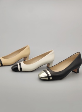 FEDERICA Di DONATO 复古小香风单鞋女 真皮拼色羊皮粗跟高跟鞋