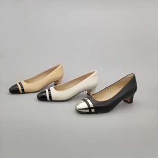 FEDERICA Di DONATO 复古小香风单鞋女 真皮拼色羊皮粗跟高跟鞋
