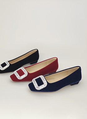 FEDERICA DI DONATO2025新款水钻方扣真丝绒芭蕾单鞋方头平底女鞋