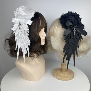单翼哥特天使十字架羽翼洛丽塔lolita亚文化头饰发夹发饰蕾丝礼帽