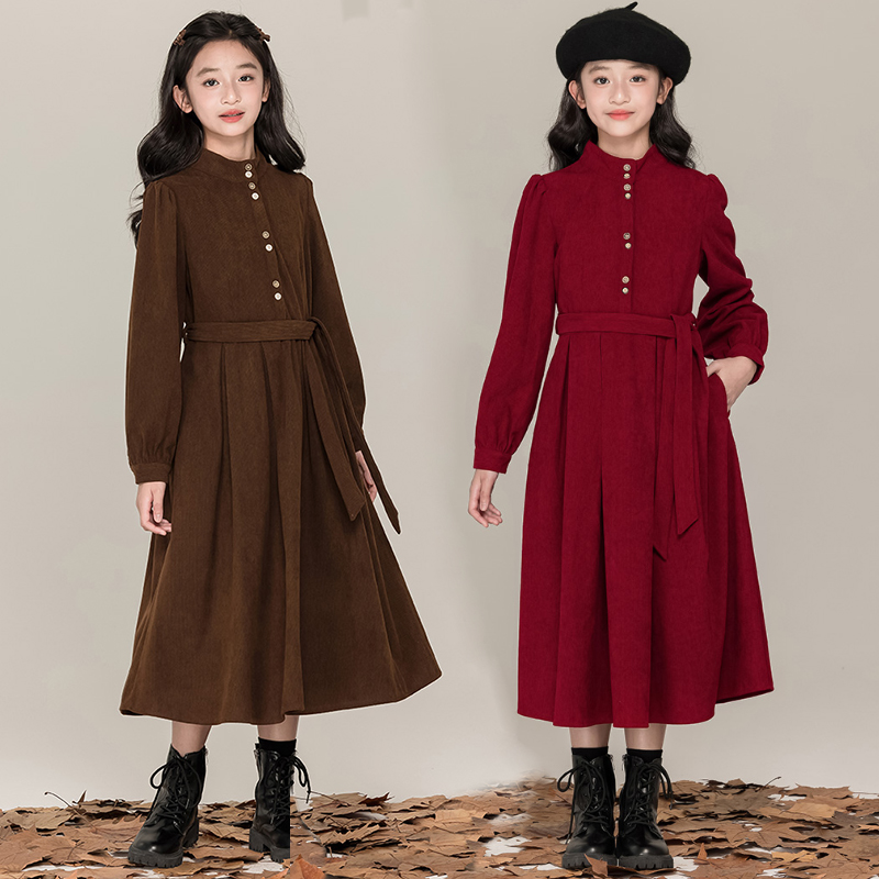 中大女童灯芯绒连衣裙2025新款红色加绒公主裙女孩洋气秋冬装裙子