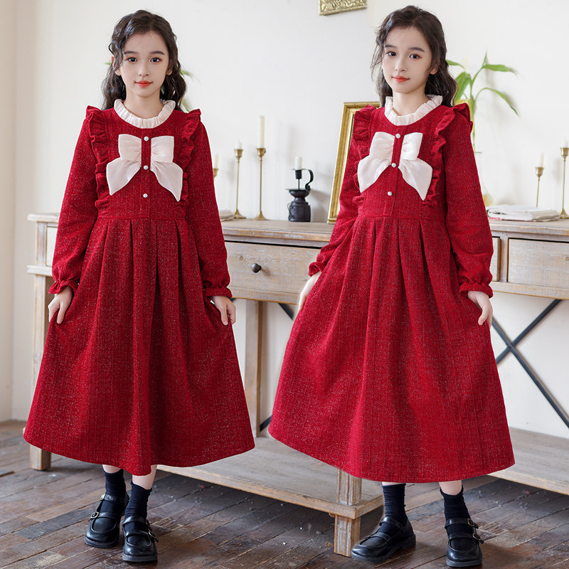 中大女童红色连衣裙2025新款洋气加绒长袖蝴蝶结公主裙子韩版秋冬